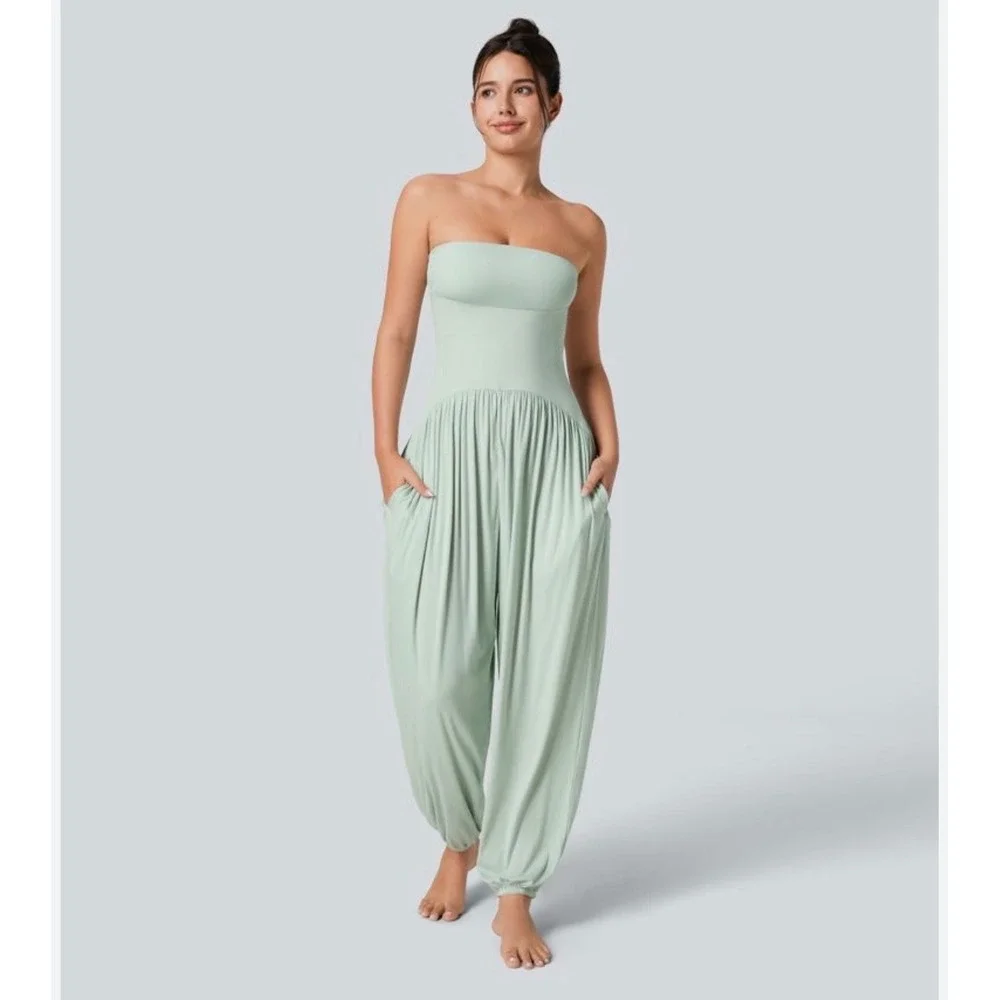 Halara Ribbed Tube Strapless Harem Jumpsuit Fairest Jade Mint Womens Size M NWOT